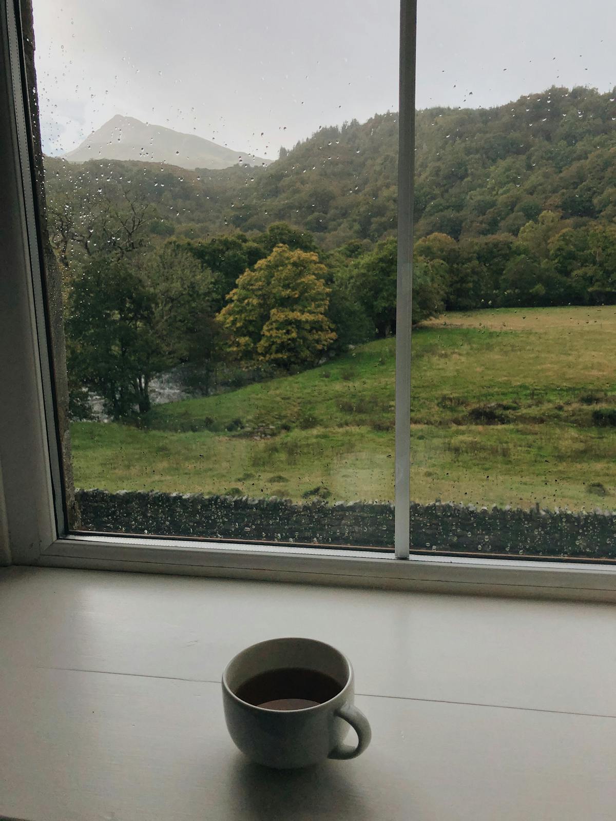 Tasse de thé près d'une fenêtre, paysage apaisant — retrouver du souffle face au burn-out parental